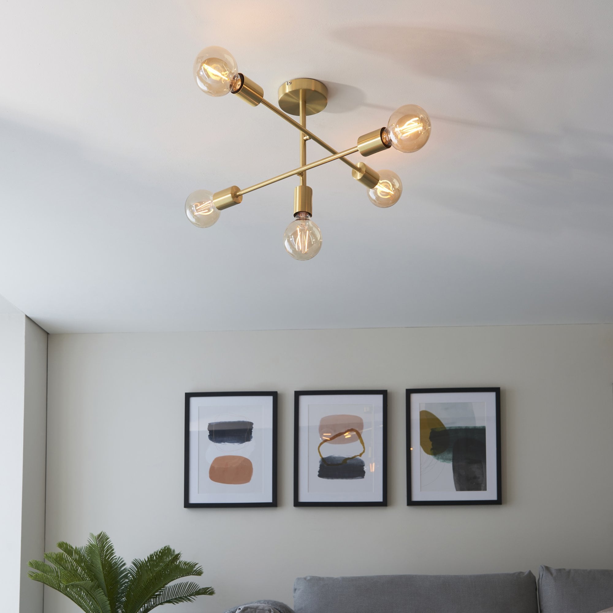 98786 Studio 5 Light Semi Flush Ceiling Light Satin Brass Plate