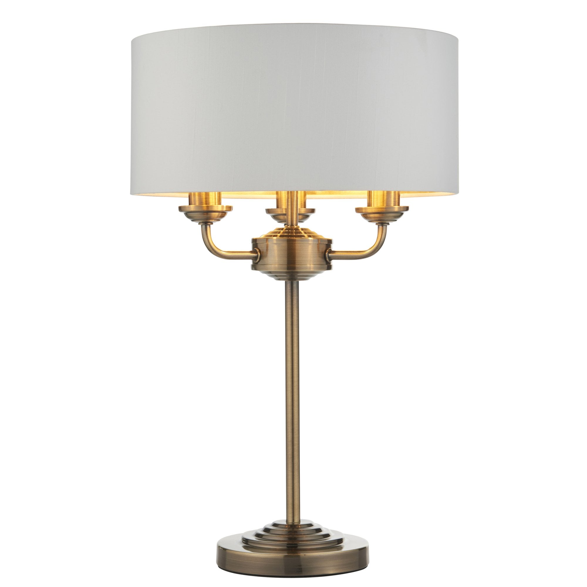 98932 Highclere 3 Light Table Lamp Antique Brass Plate & Vintage White Fabric