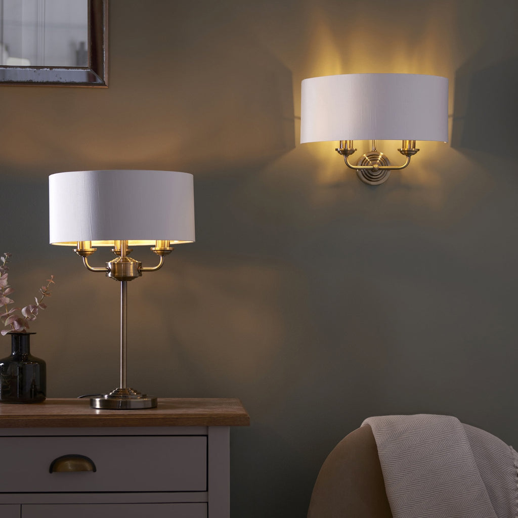 98932 Highclere 3 Light Table Lamp Antique Brass Plate & Vintage White Fabric