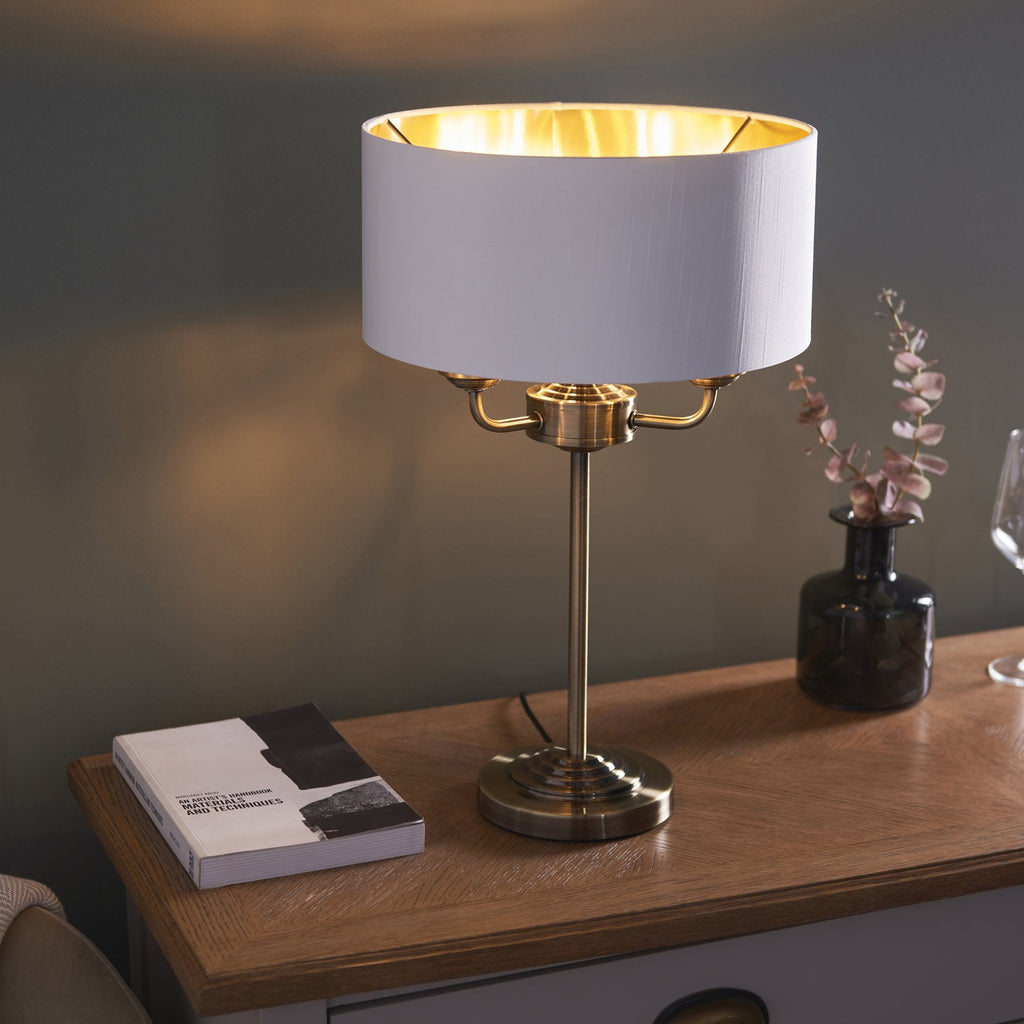 98932 Highclere 3 Light Table Lamp Antique Brass Plate & Vintage White Fabric