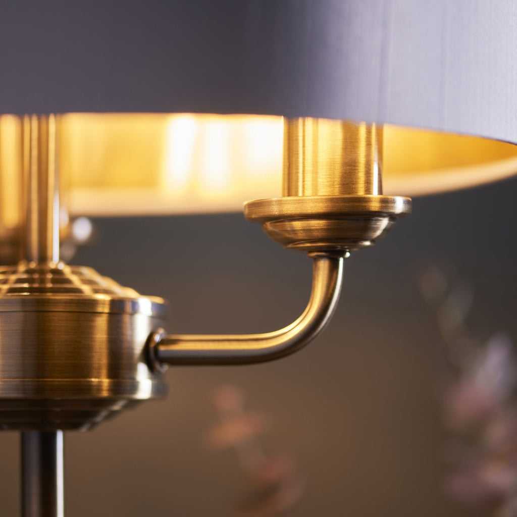 98932 Highclere 3 Light Table Lamp Antique Brass Plate & Vintage White Fabric