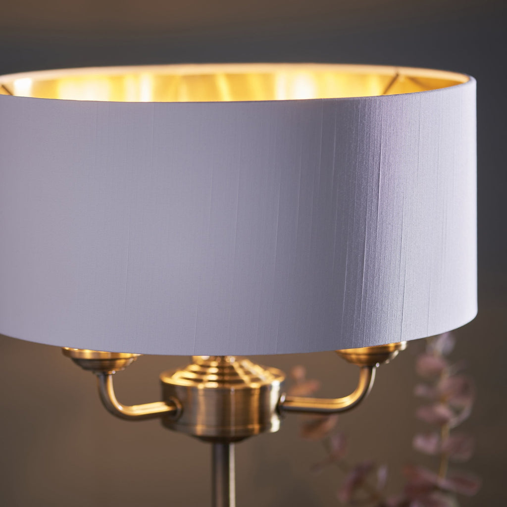 98932 Highclere 3 Light Table Lamp Antique Brass Plate & Vintage White Fabric