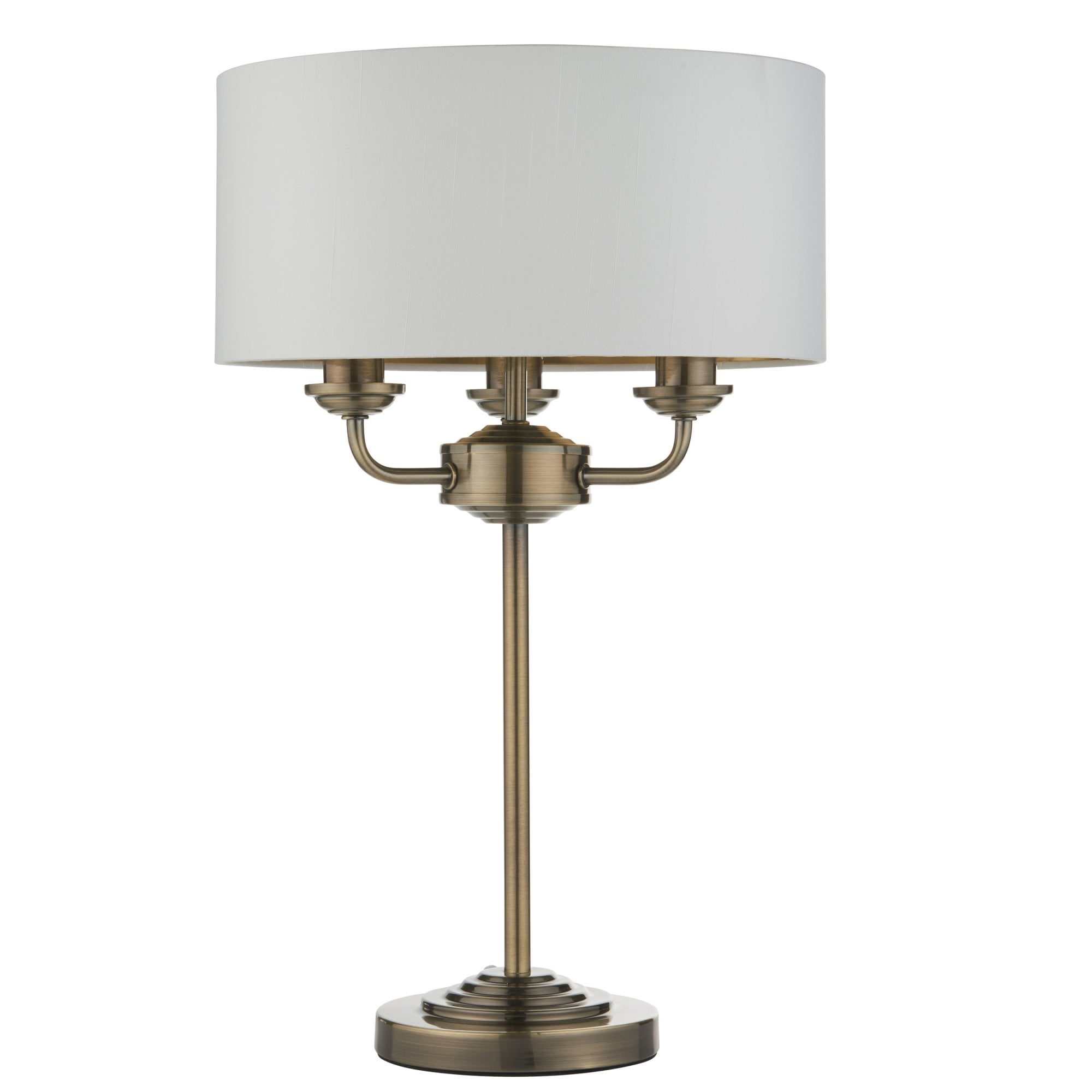 98932 Highclere 3 Light Table Lamp Antique Brass Plate & Vintage White Fabric