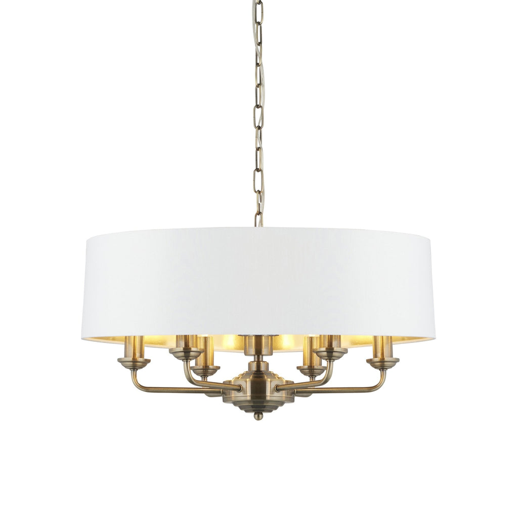 98933 Highclere 6 Light Pendant Antique Brass Plate & Vintage White Fabric
