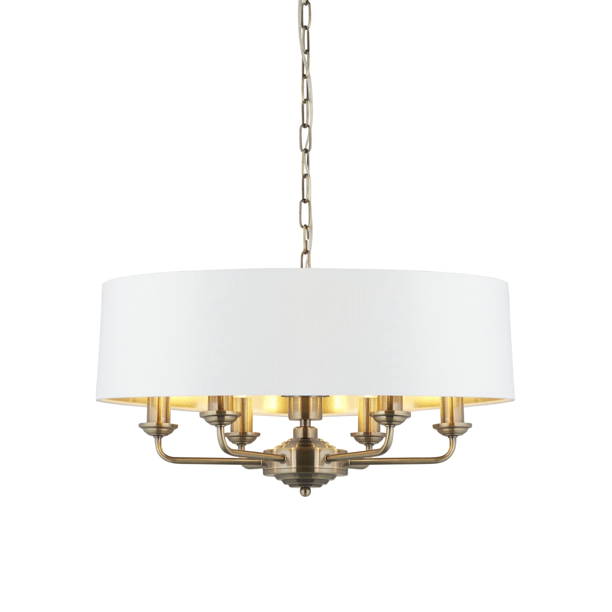 98933 Highclere 6 Light Pendant Antique Brass Plate & Vintage White Fabric