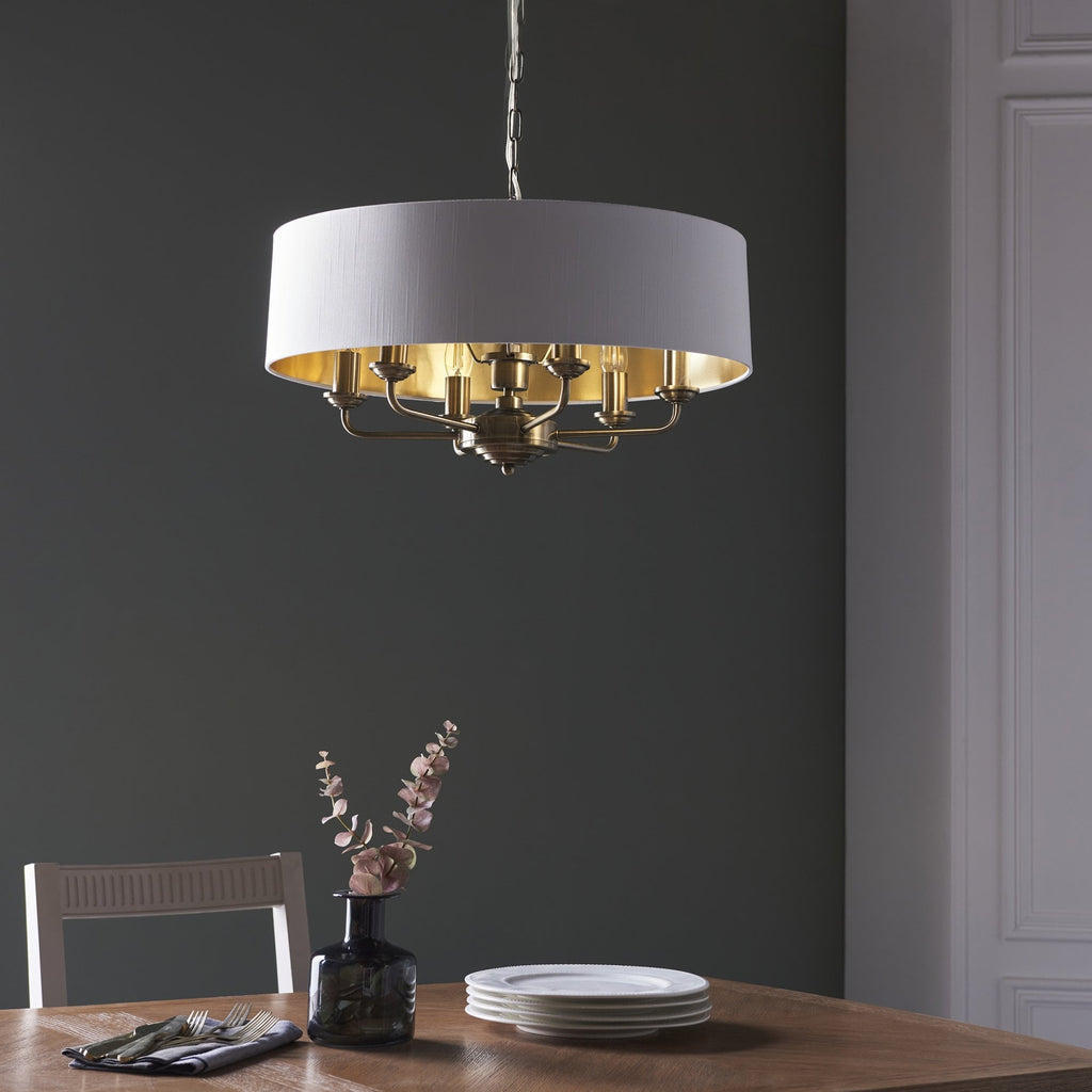 98933 Highclere 6 Light Pendant Antique Brass Plate & Vintage White Fabric