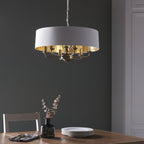 98933 Highclere 6 Light Pendant Antique Brass Plate & Vintage White Fabric