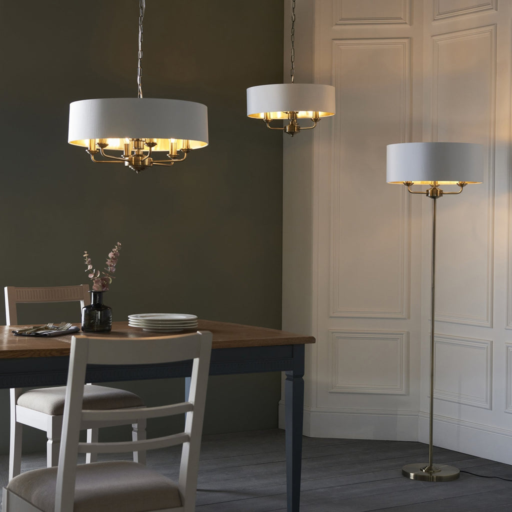 98933 Highclere 6 Light Pendant Antique Brass Plate & Vintage White Fabric