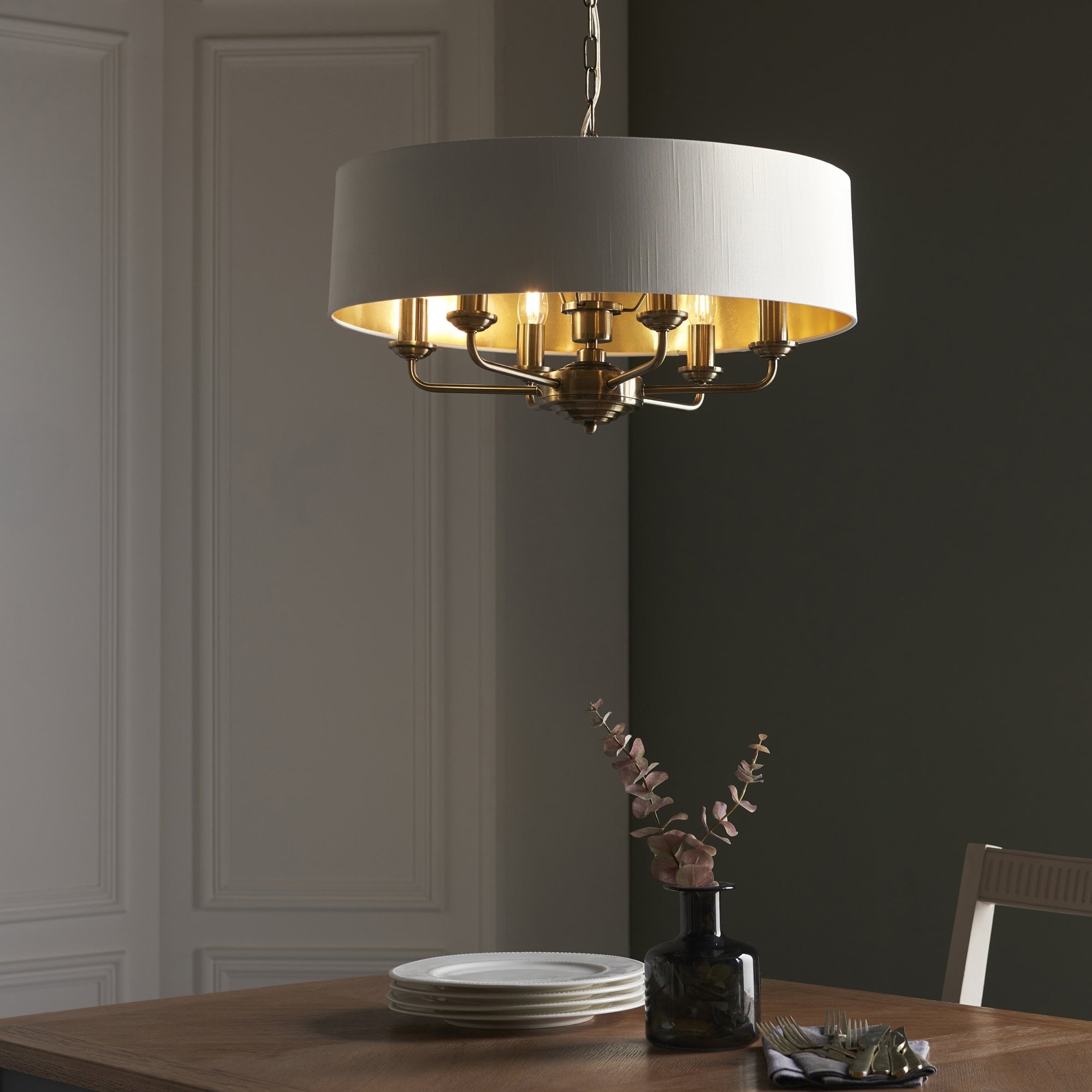 98933 Highclere 6 Light Pendant Antique Brass Plate & Vintage White Fabric