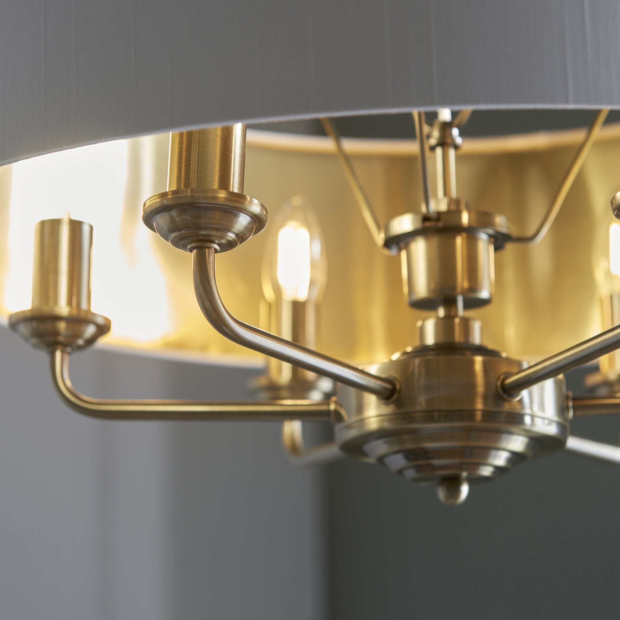98933 Highclere 6 Light Pendant Antique Brass Plate & Vintage White Fabric
