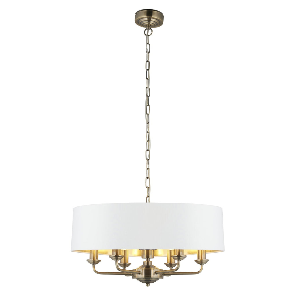 98933 Highclere 6 Light Pendant Antique Brass Plate & Vintage White Fabric