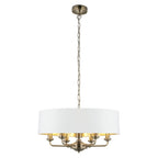 98933 Highclere 6 Light Pendant Antique Brass Plate & Vintage White Fabric