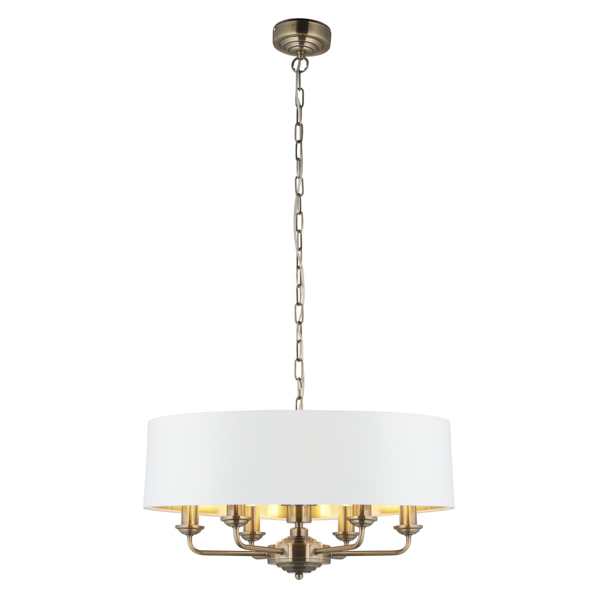 98933 Highclere 6 Light Pendant Antique Brass Plate & Vintage White Fabric