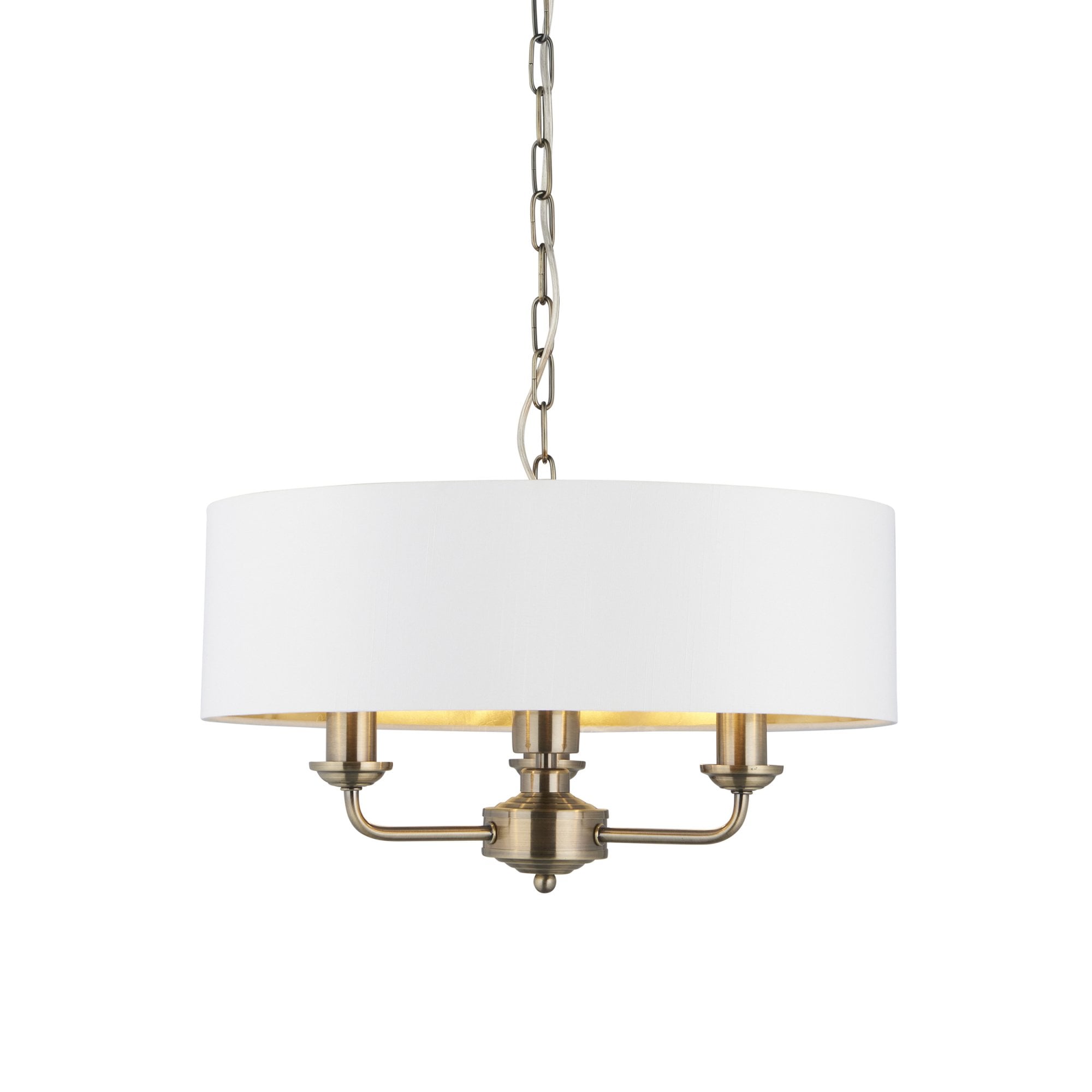 98934 Highclere 3 Light Pendant Antique Brass Plate & Vintage White Fabric