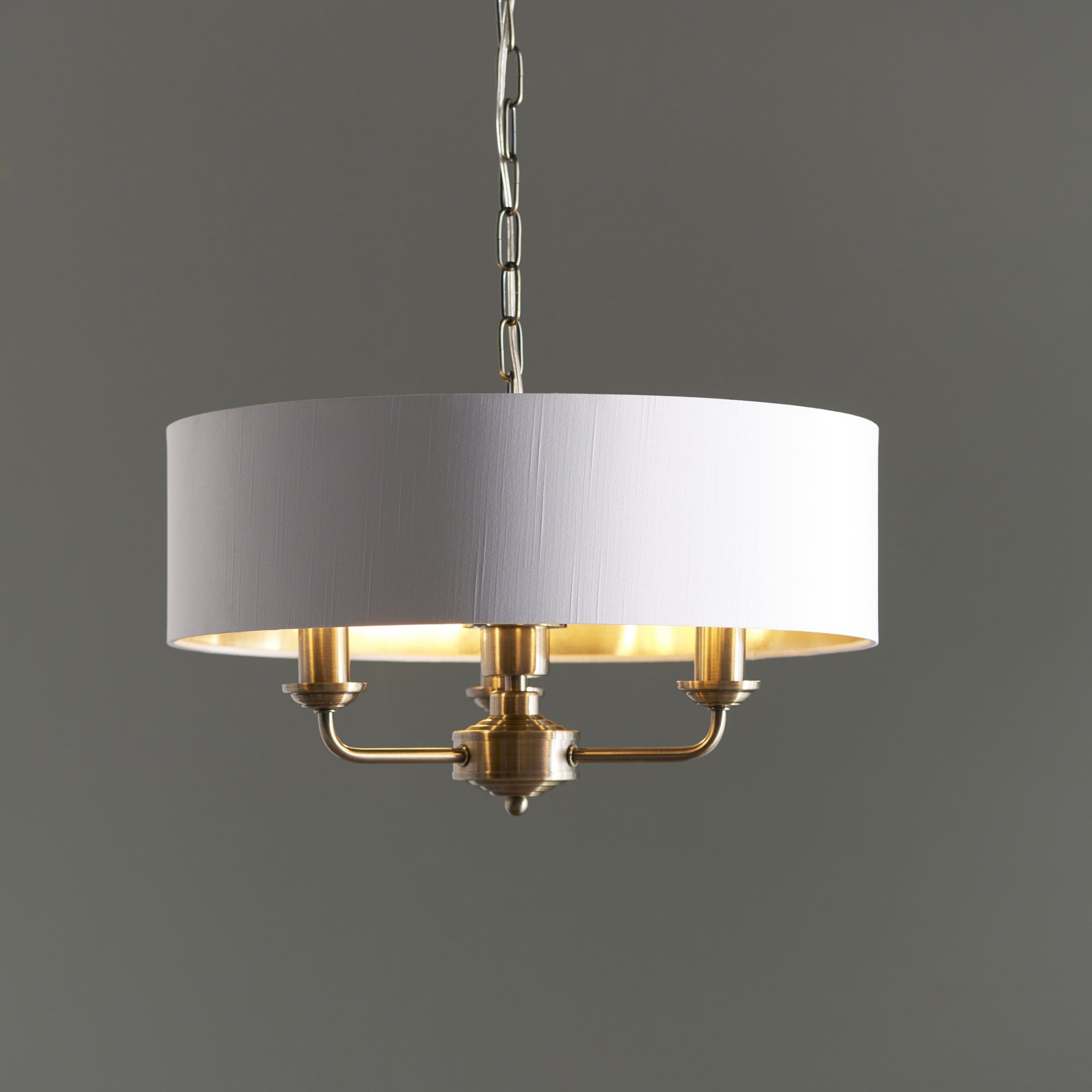 98934 Highclere 3 Light Pendant Antique Brass Plate & Vintage White Fabric