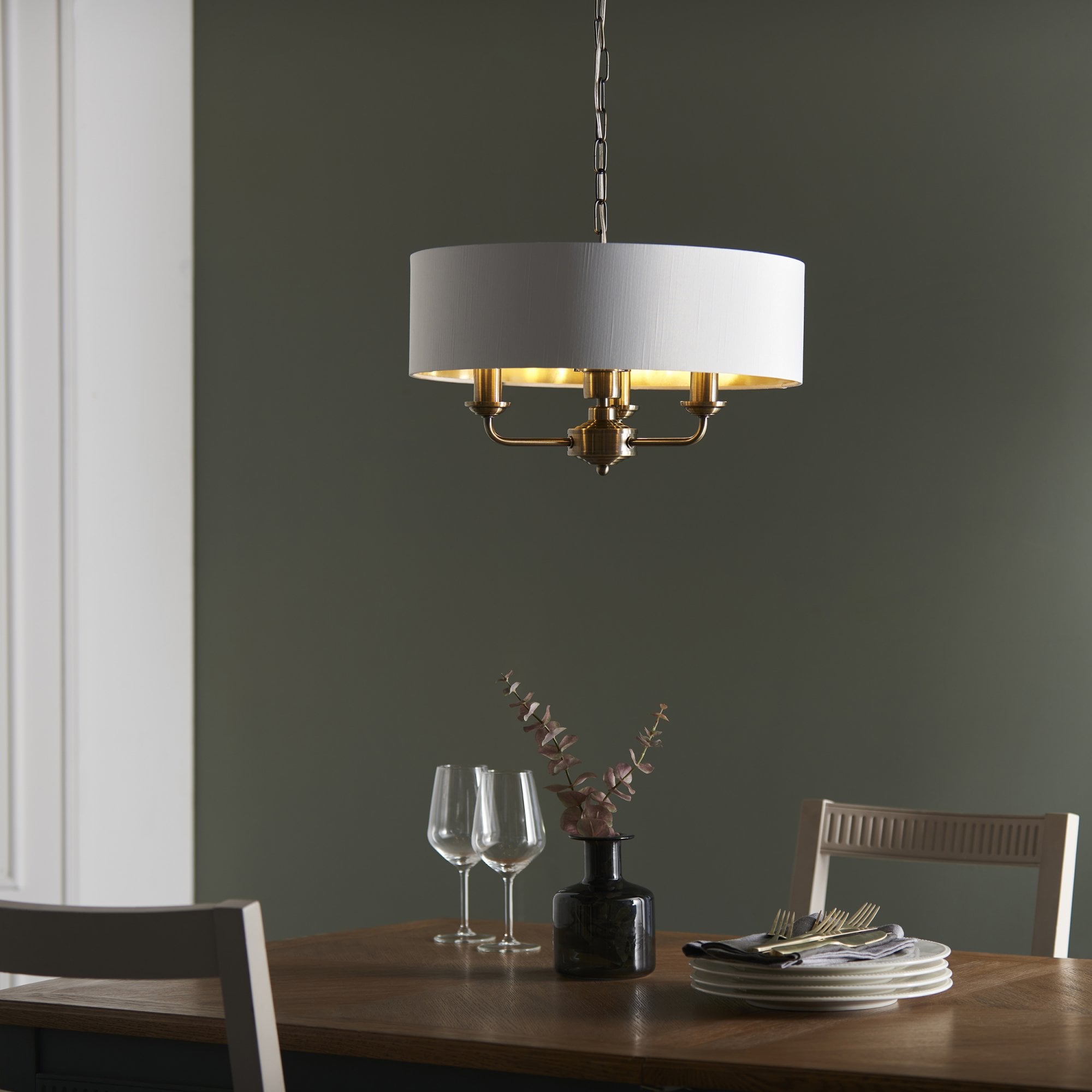 98934 Highclere 3 Light Pendant Antique Brass Plate & Vintage White Fabric