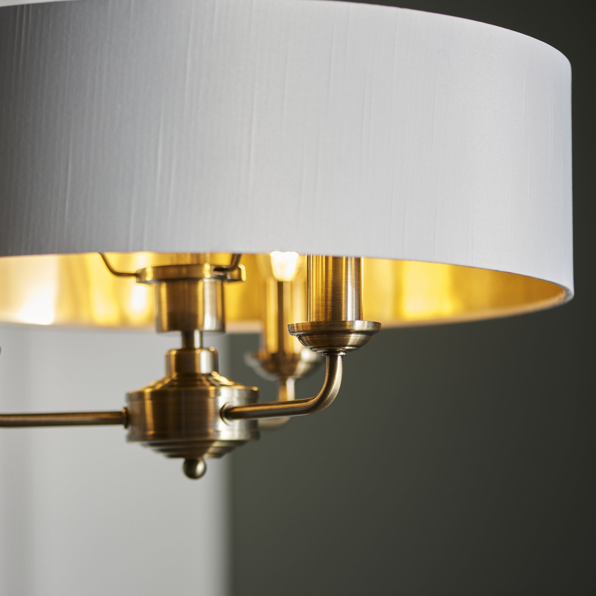 98934 Highclere 3 Light Pendant Antique Brass Plate & Vintage White Fabric