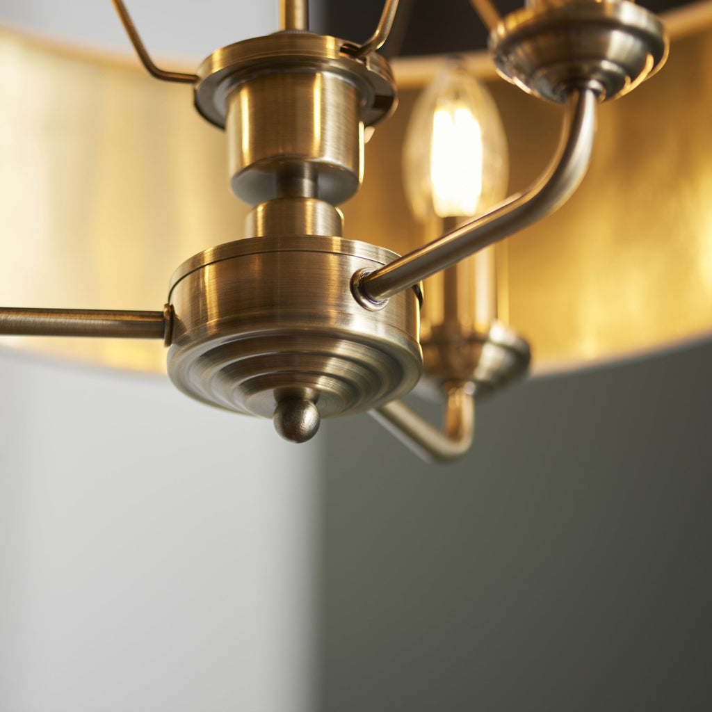 98934 Highclere 3 Light Pendant Antique Brass Plate & Vintage White Fabric