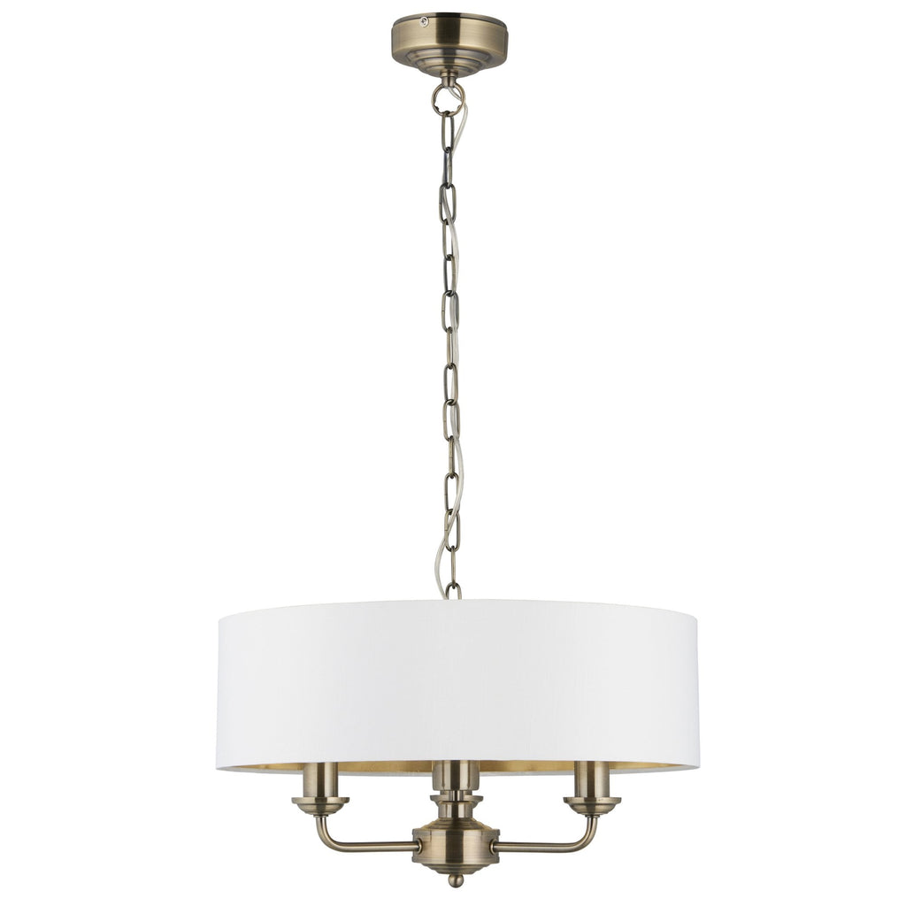 98934 Highclere 3 Light Pendant Antique Brass Plate & Vintage White Fabric