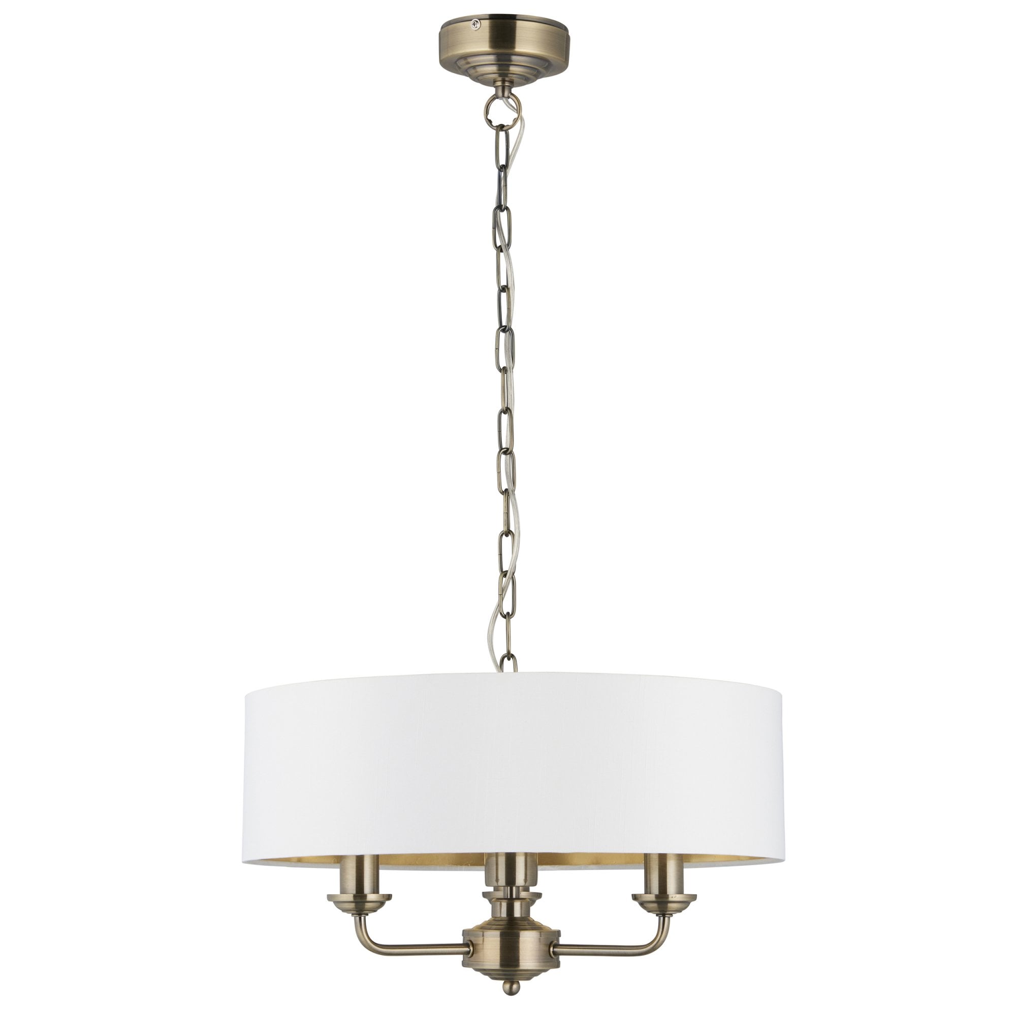 98934 Highclere 3 Light Pendant Antique Brass Plate & Vintage White Fabric