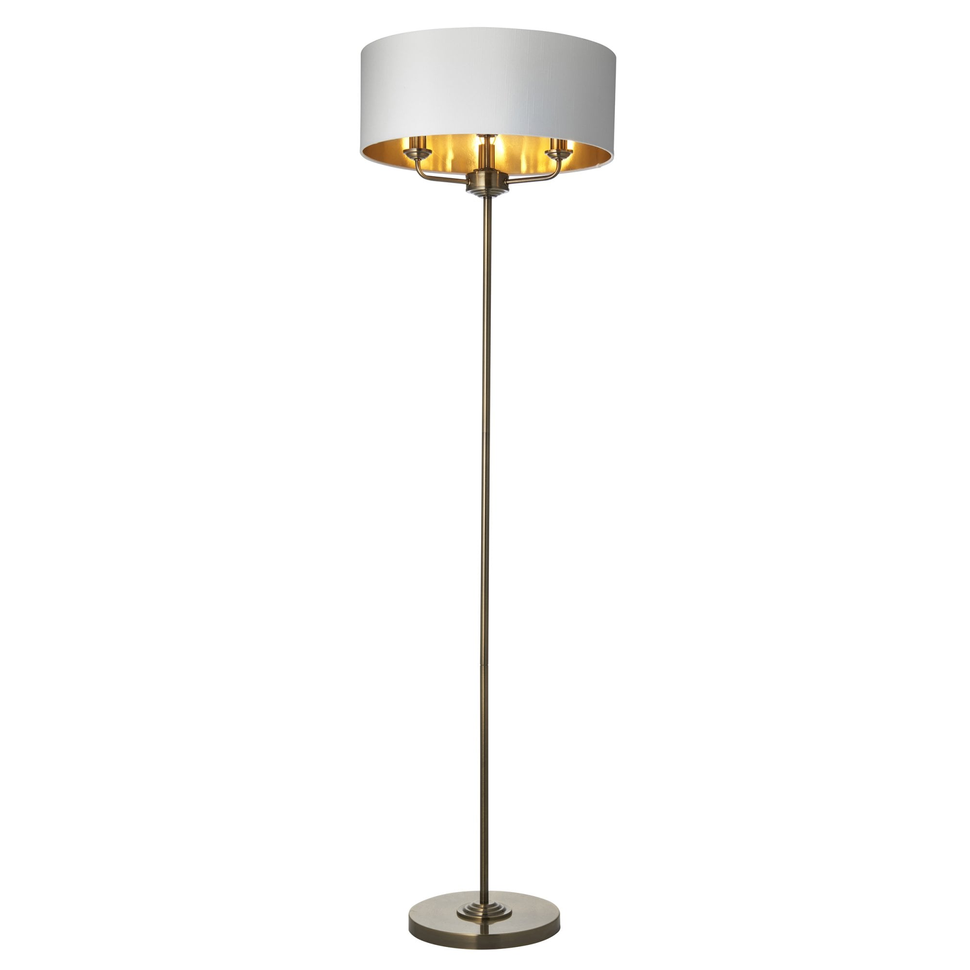 98935 Highclere 3 Light Floor Lamp Antique Brass Plate & Vintage White Fabric