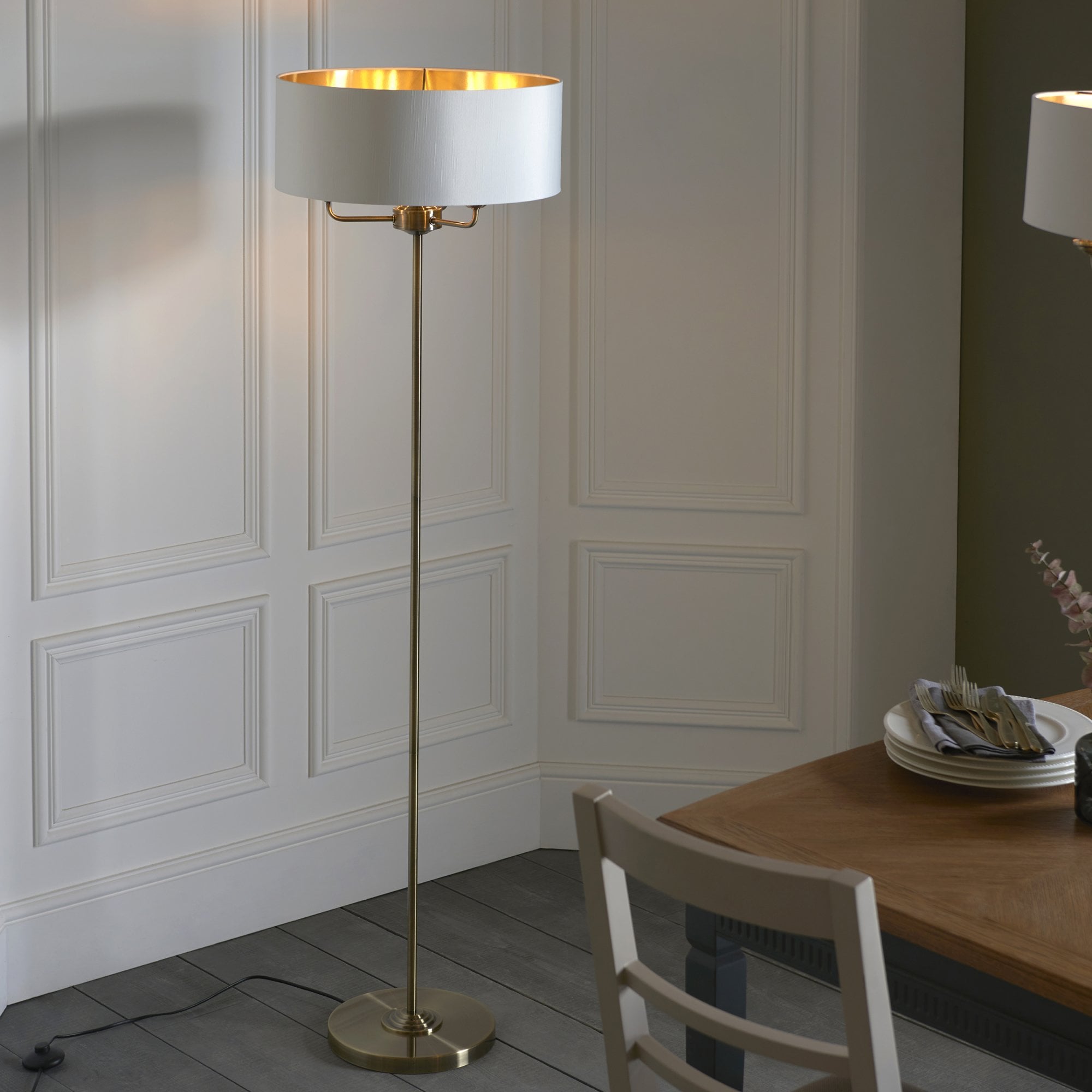 98935 Highclere 3 Light Floor Lamp Antique Brass Plate & Vintage White Fabric