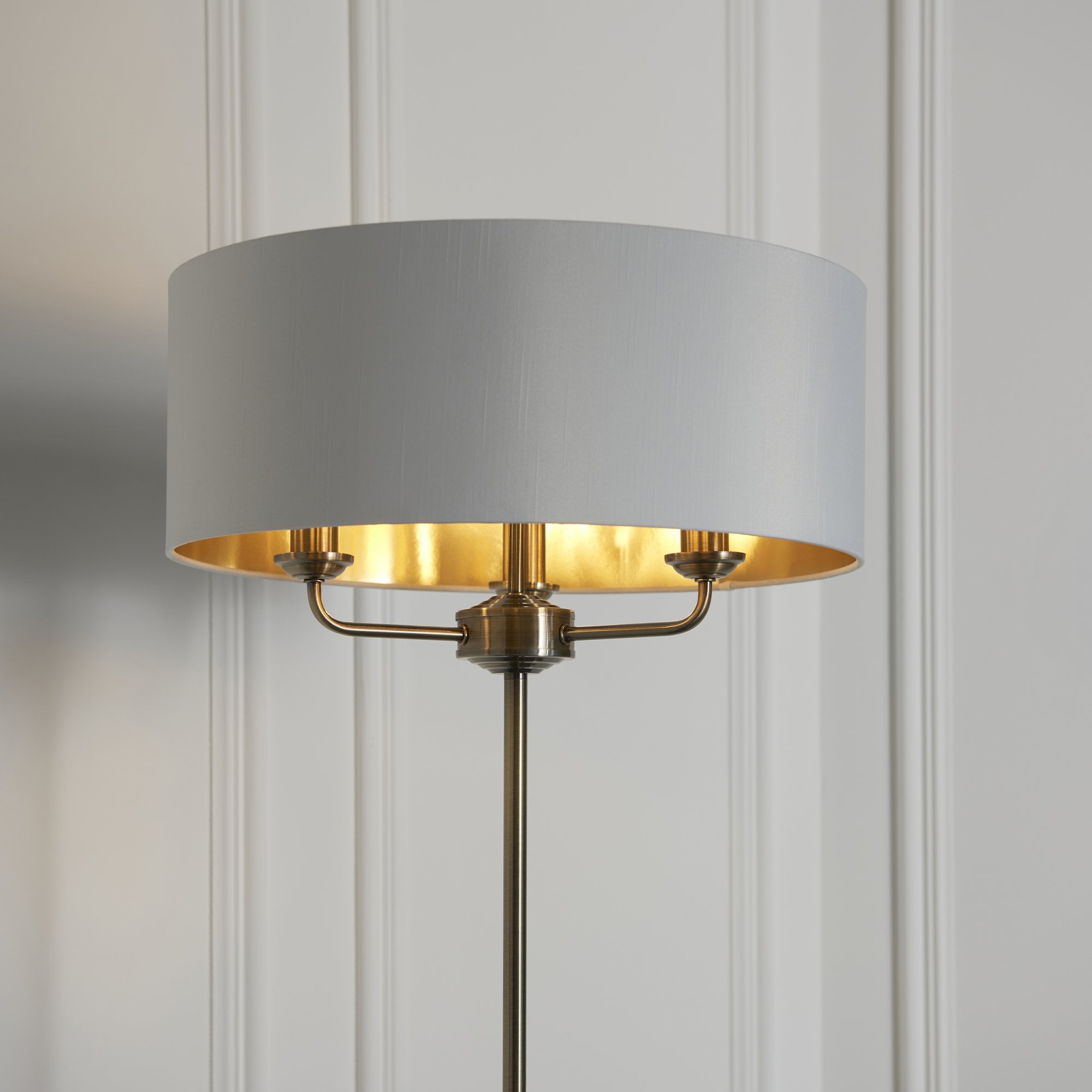 98935 Highclere 3 Light Floor Lamp Antique Brass Plate & Vintage White Fabric