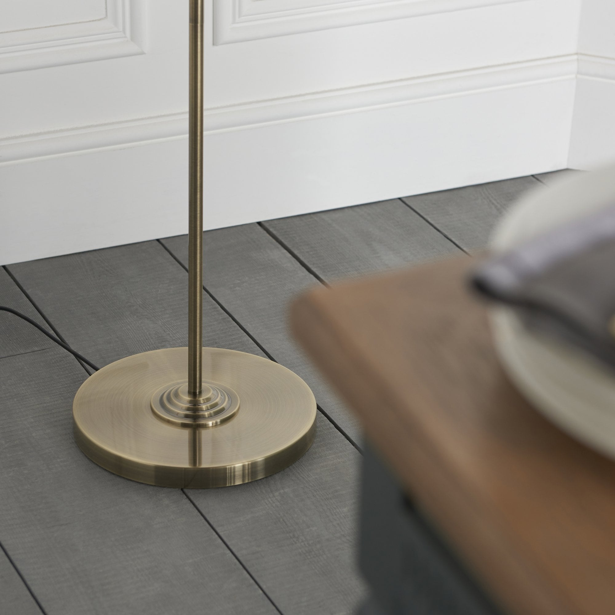 98935 Highclere 3 Light Floor Lamp Antique Brass Plate & Vintage White Fabric