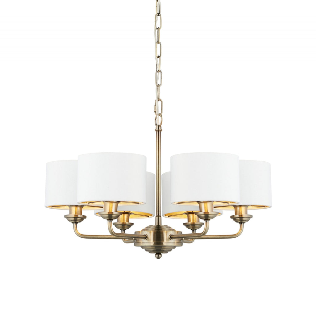 98936 Highclere 6 Light Pendant Antique Brass Plate & Vintage White Fabric