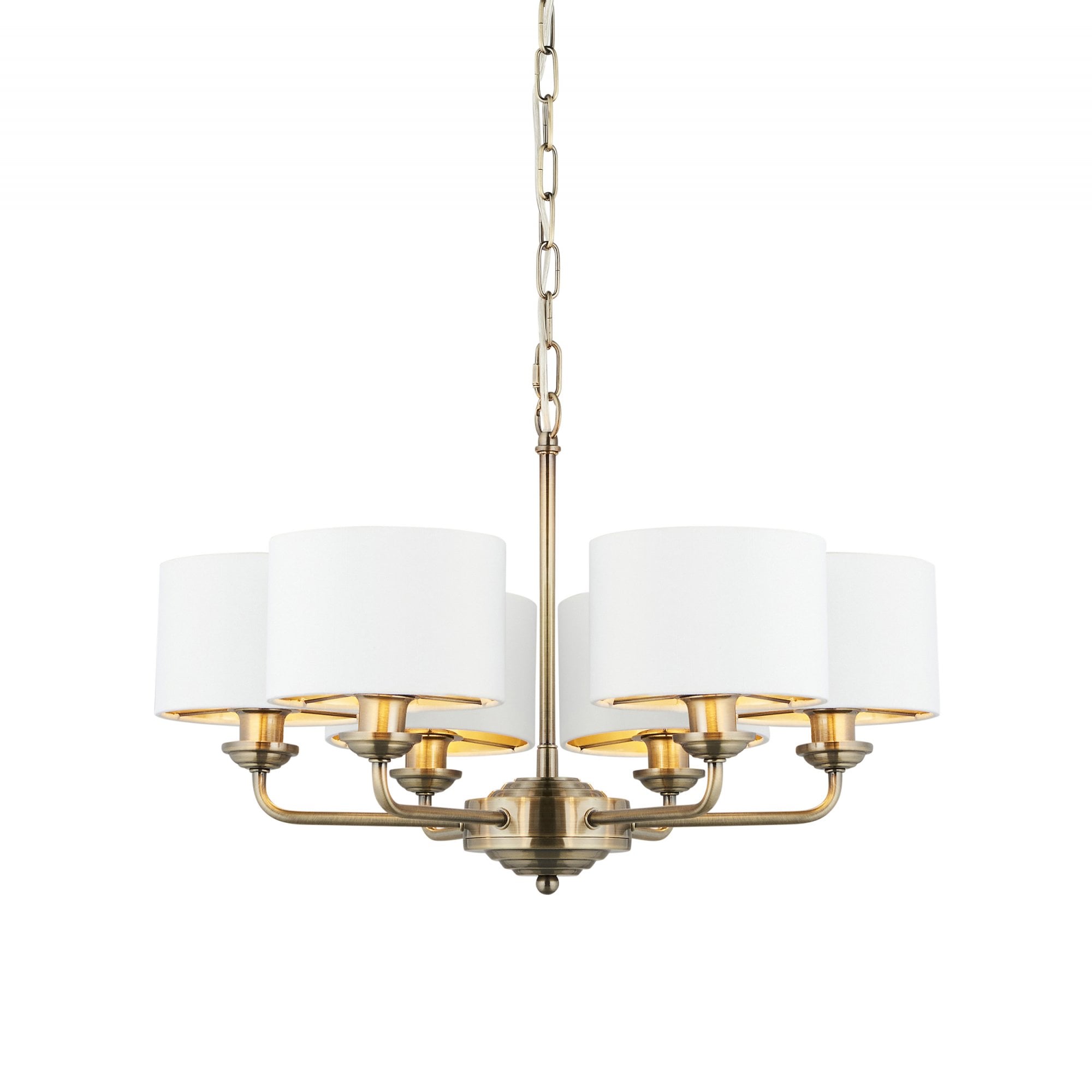 98936 Highclere 6 Light Pendant Antique Brass Plate & Vintage White Fabric