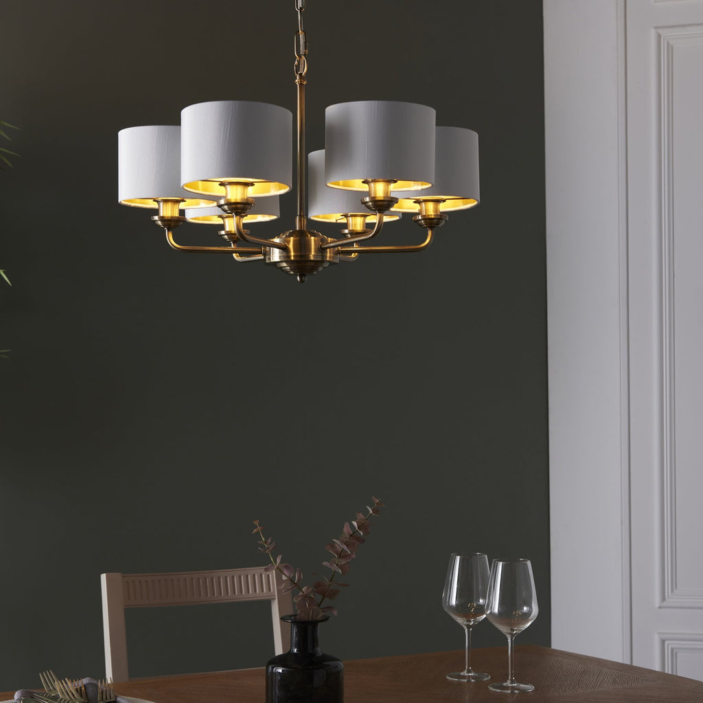 98936 Highclere 6 Light Pendant Antique Brass Plate & Vintage White Fabric