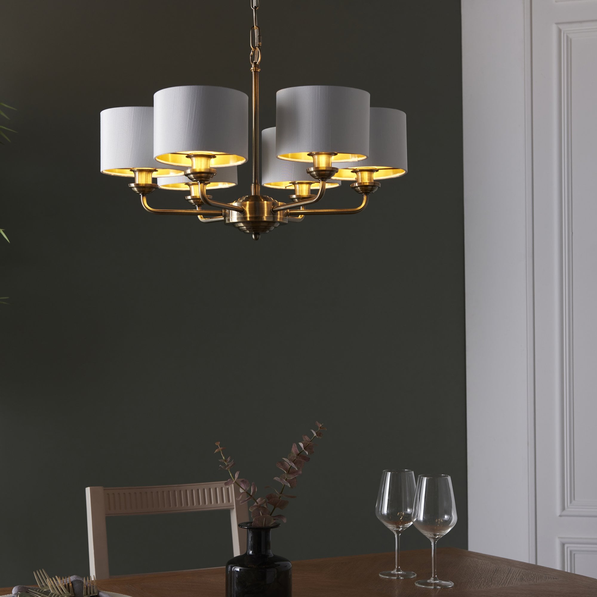 98936 Highclere 6 Light Pendant Antique Brass Plate & Vintage White Fabric