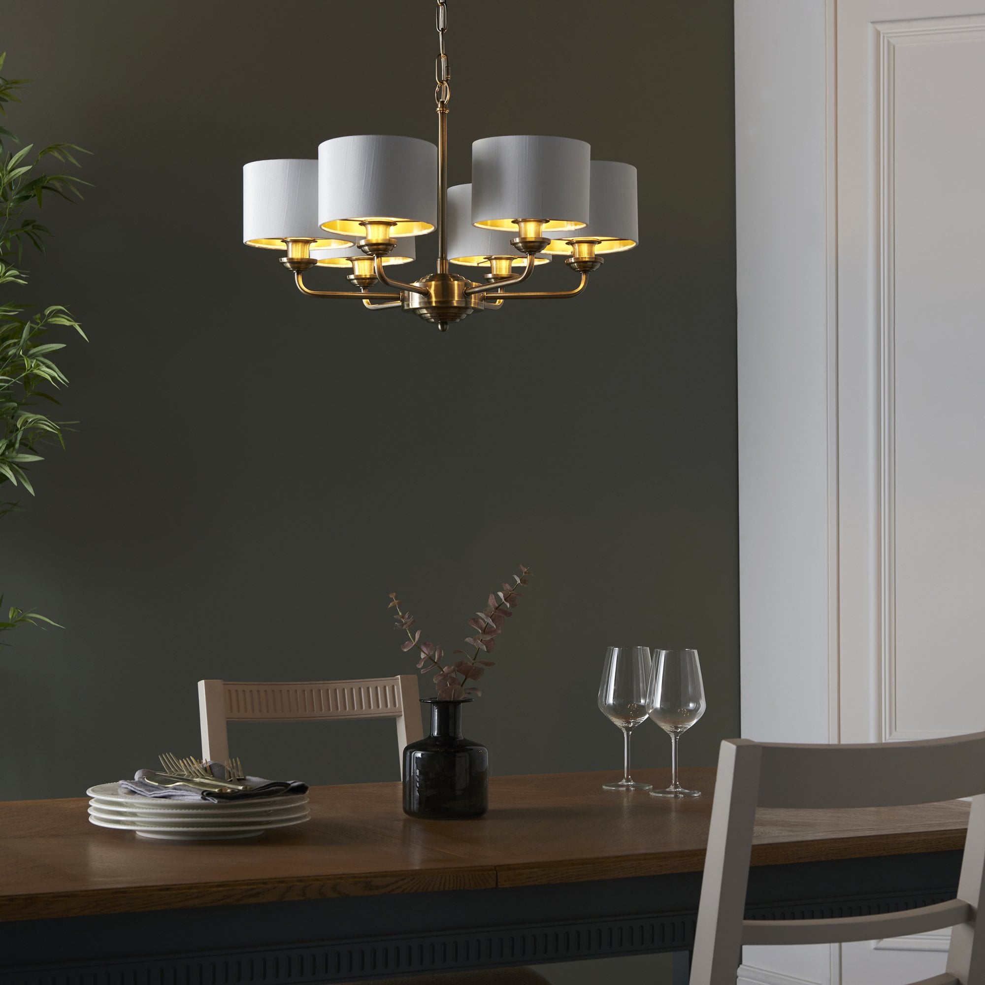 98936 Highclere 6 Light Pendant Antique Brass Plate & Vintage White Fabric