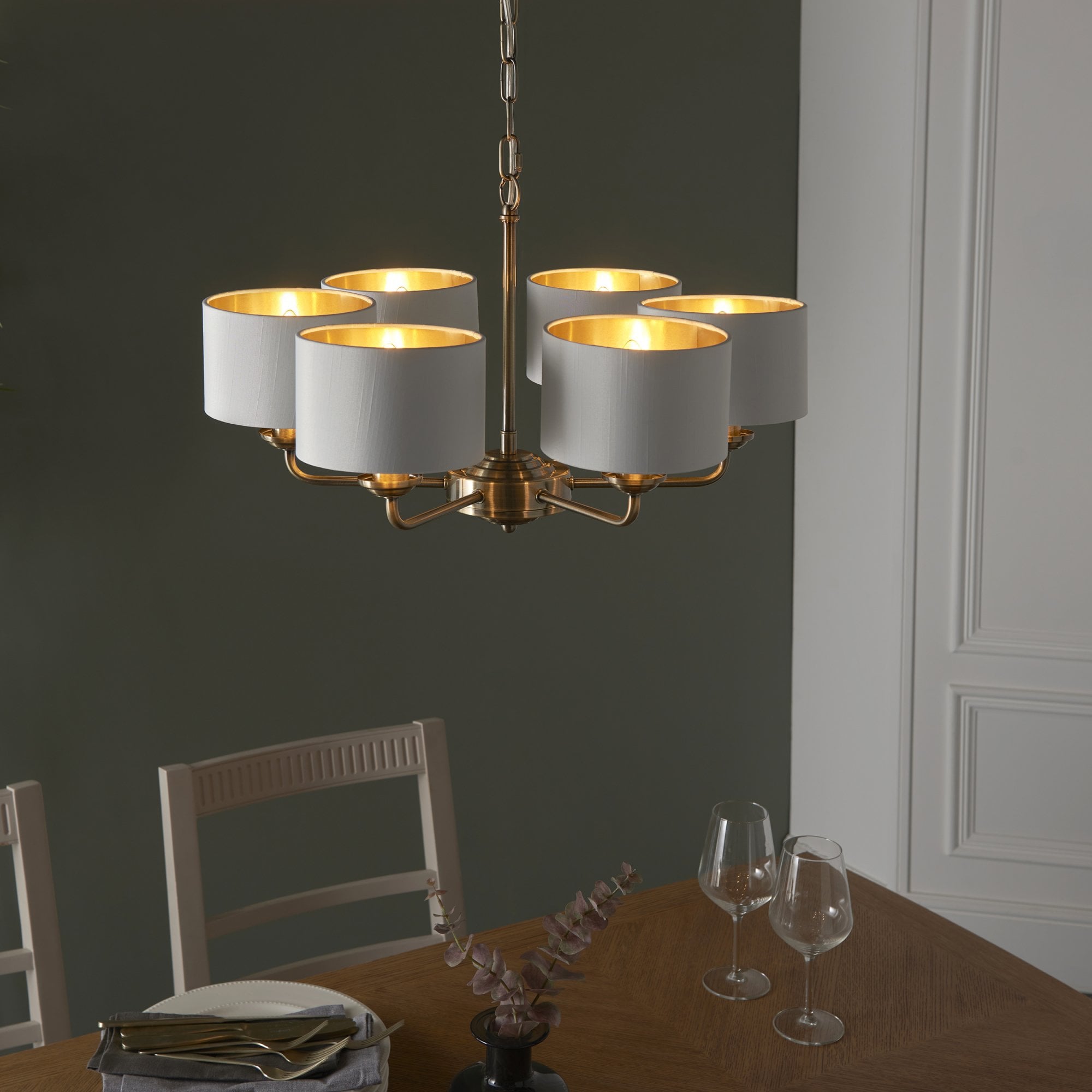 98936 Highclere 6 Light Pendant Antique Brass Plate & Vintage White Fabric