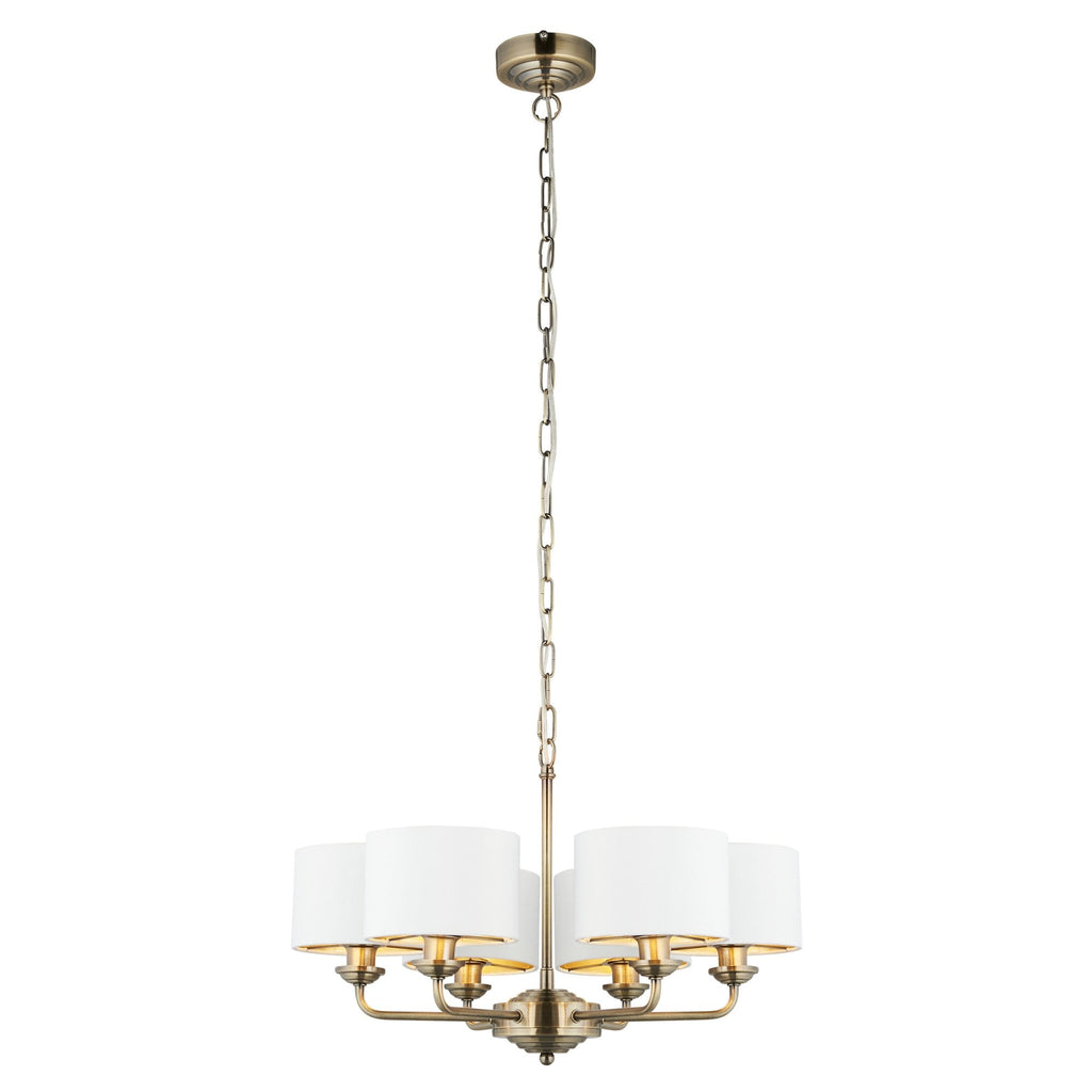 98936 Highclere 6 Light Pendant Antique Brass Plate & Vintage White Fabric
