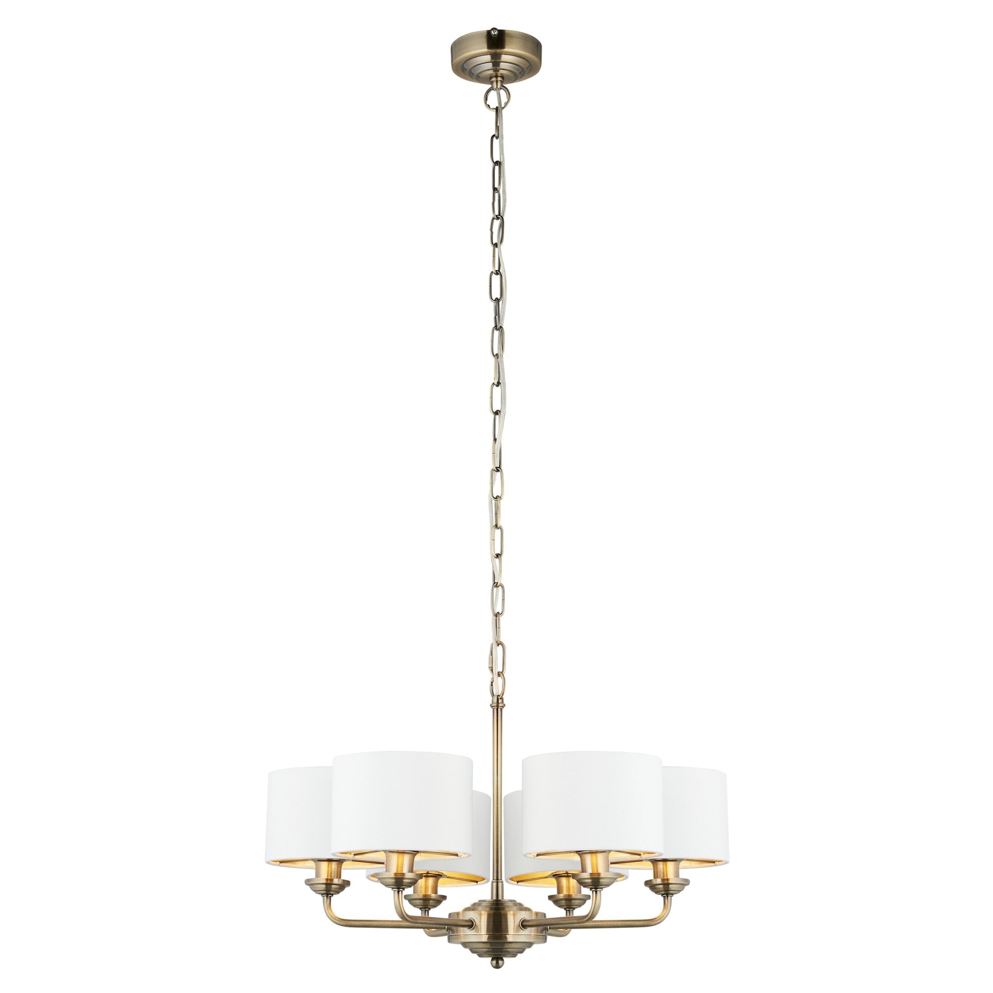 98936 Highclere 6 Light Pendant Antique Brass Plate & Vintage White Fabric