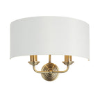 98937 Highclere 2 Light Wall Light Antique Brass Plate & Vintage White Fabric