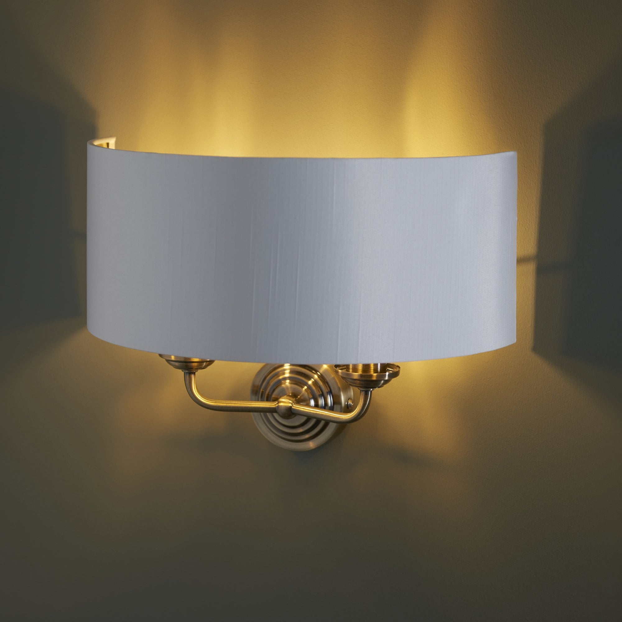 98937 Highclere 2 Light Wall Light Antique Brass Plate & Vintage White Fabric
