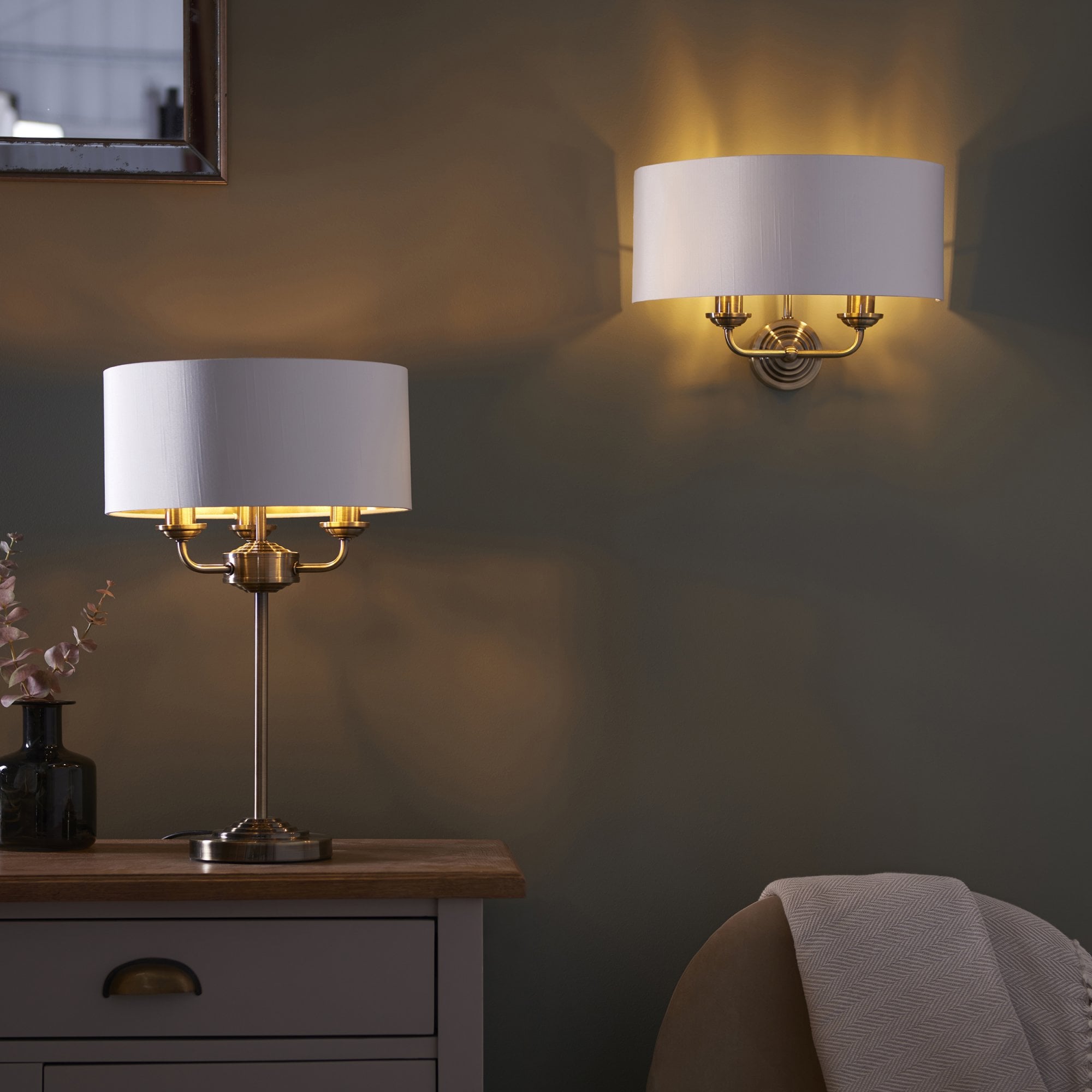 98937 Highclere 2 Light Wall Light Antique Brass Plate & Vintage White Fabric
