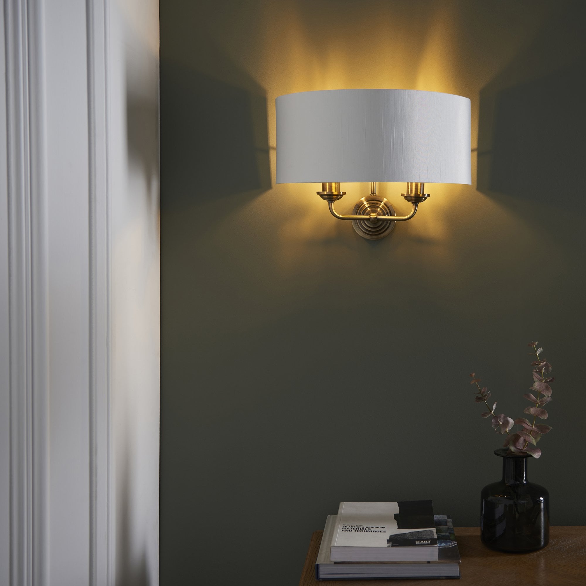 98937 Highclere 2 Light Wall Light Antique Brass Plate & Vintage White Fabric