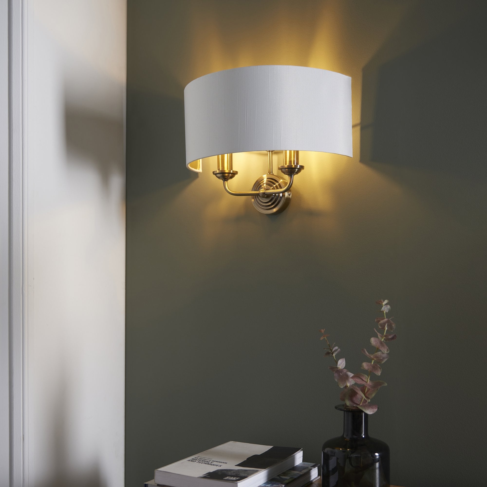 98937 Highclere 2 Light Wall Light Antique Brass Plate & Vintage White Fabric