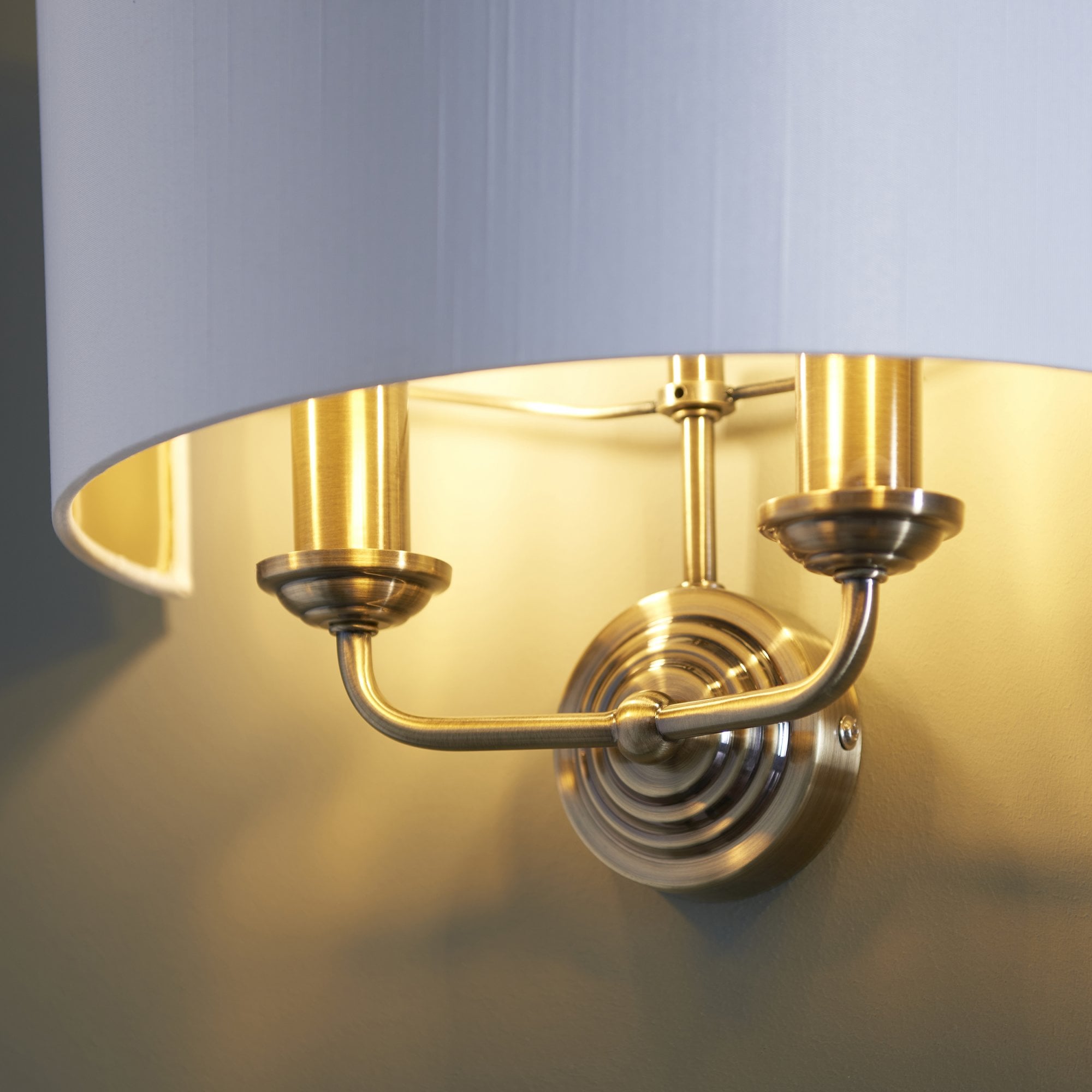 98937 Highclere 2 Light Wall Light Antique Brass Plate & Vintage White Fabric