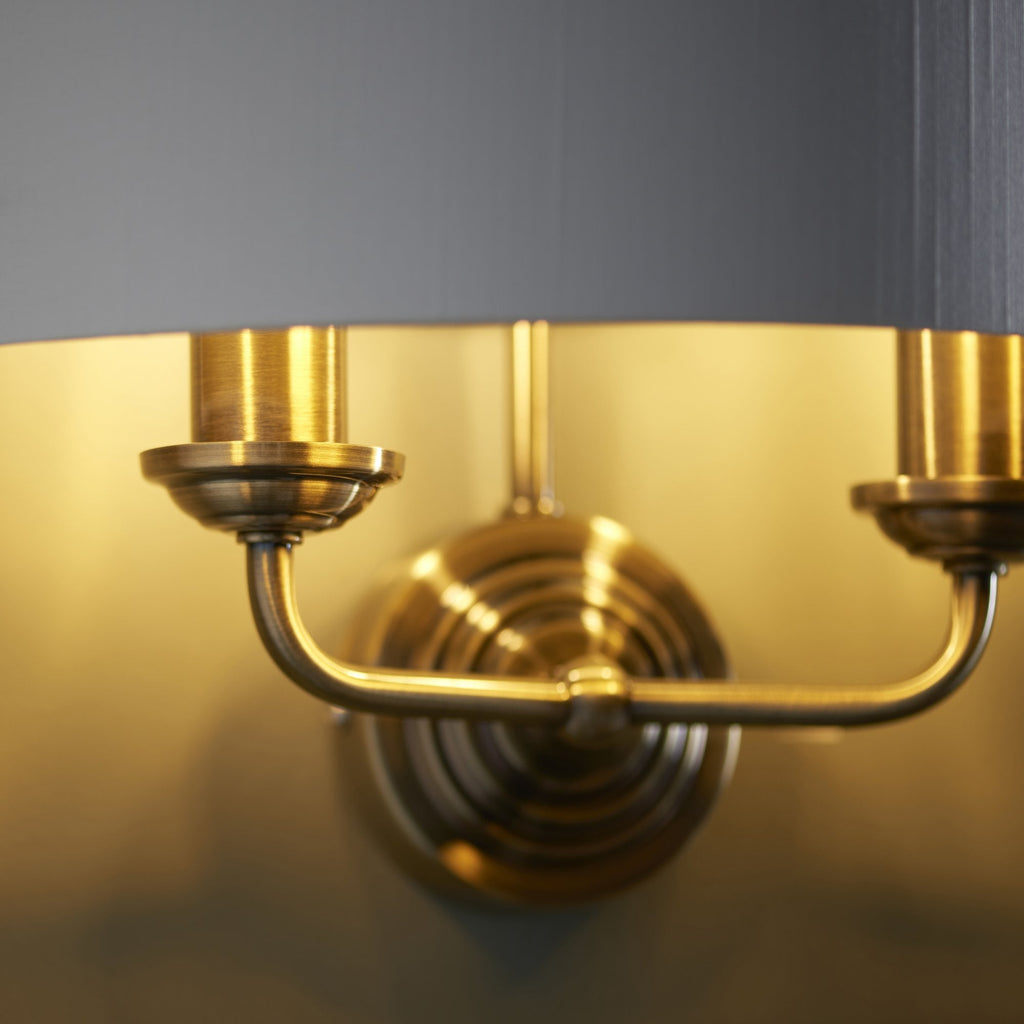 98937 Highclere 2 Light Wall Light Antique Brass Plate & Vintage White Fabric