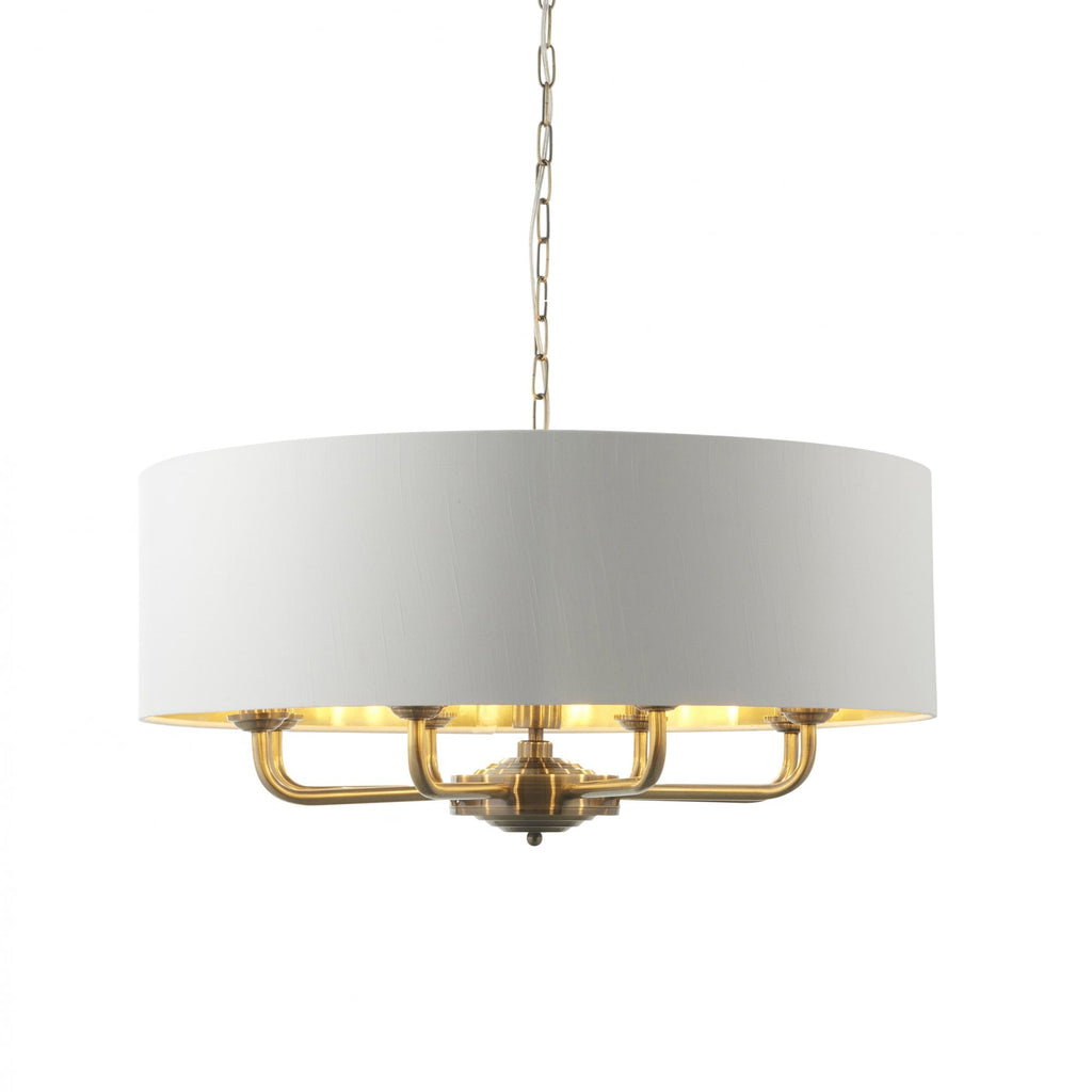 98938 Highclere 8 Light Pendant Antique Brass Plate & Vintage White Fabric