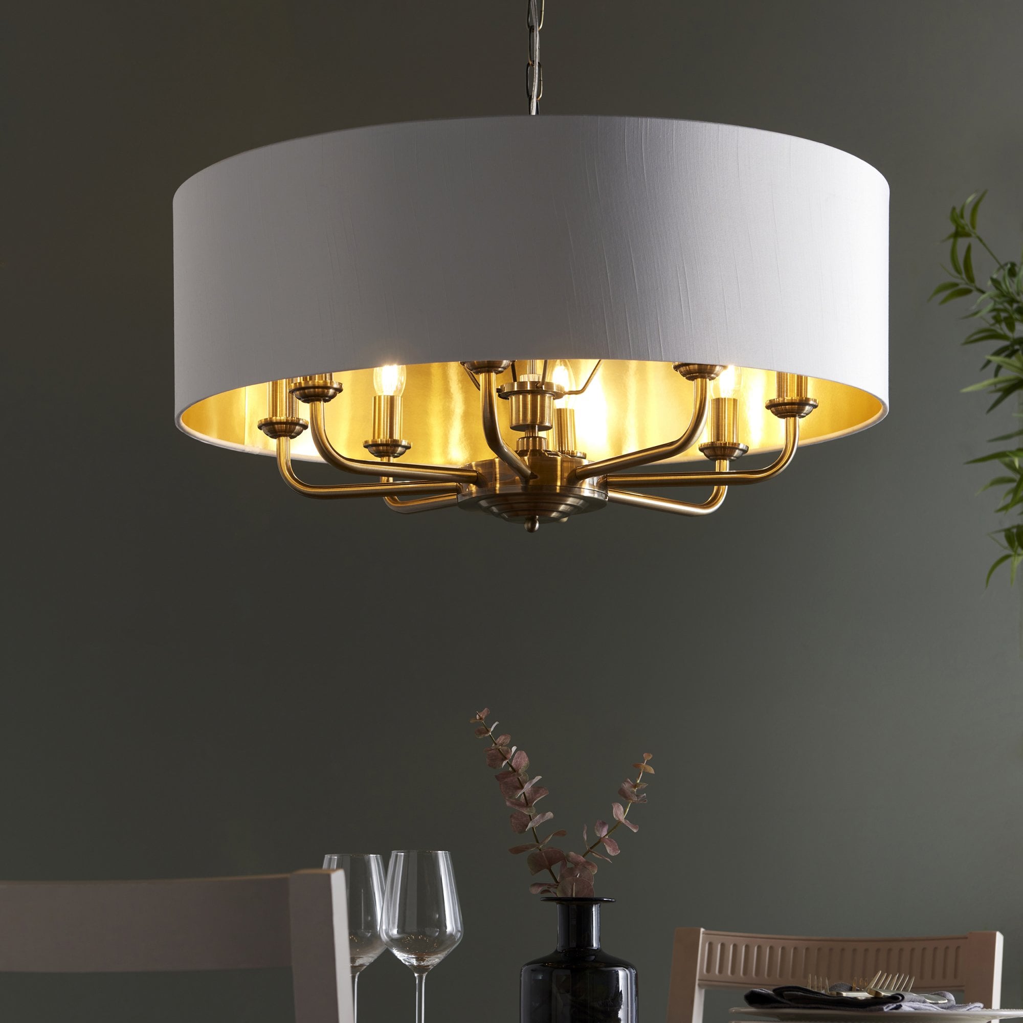 98938 Highclere 8 Light Pendant Antique Brass Plate & Vintage White Fabric