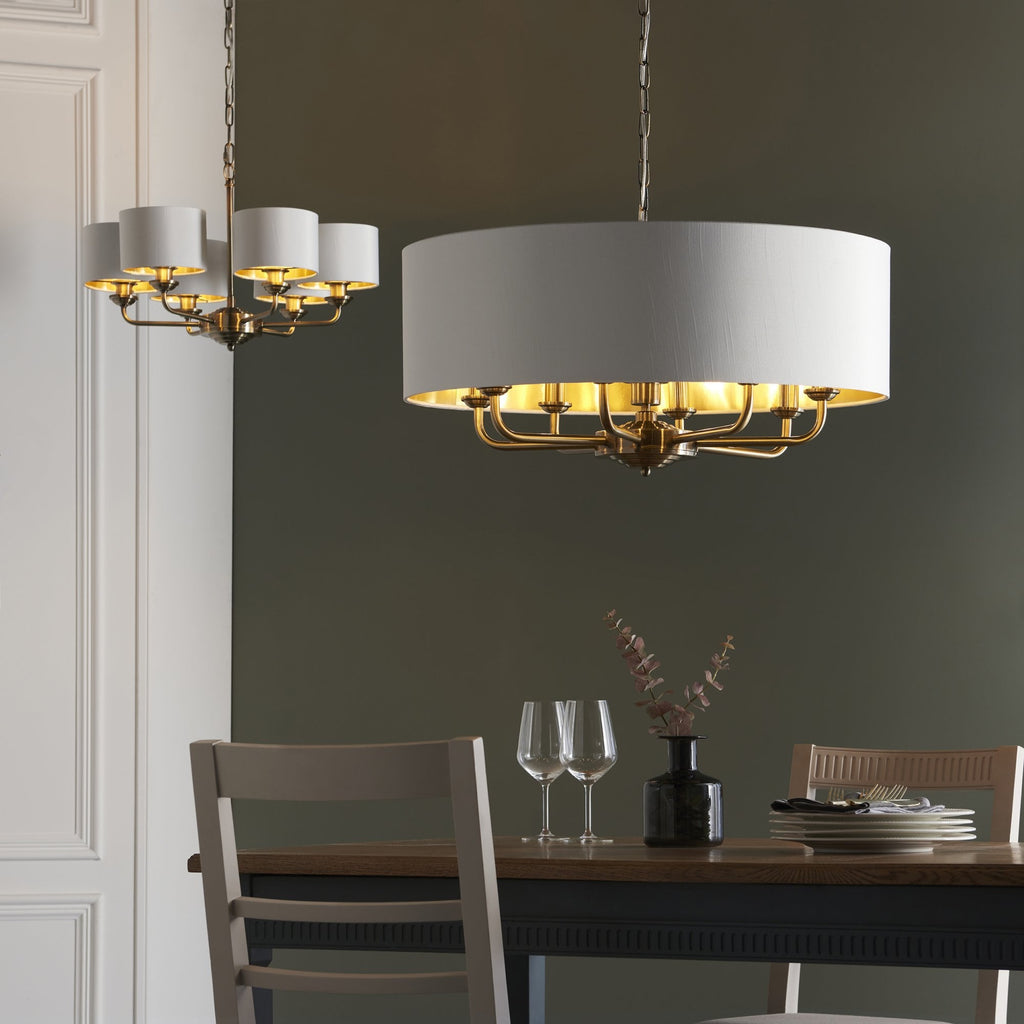 98938 Highclere 8 Light Pendant Antique Brass Plate & Vintage White Fabric