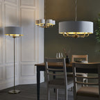 98938 Highclere 8 Light Pendant Antique Brass Plate & Vintage White Fabric
