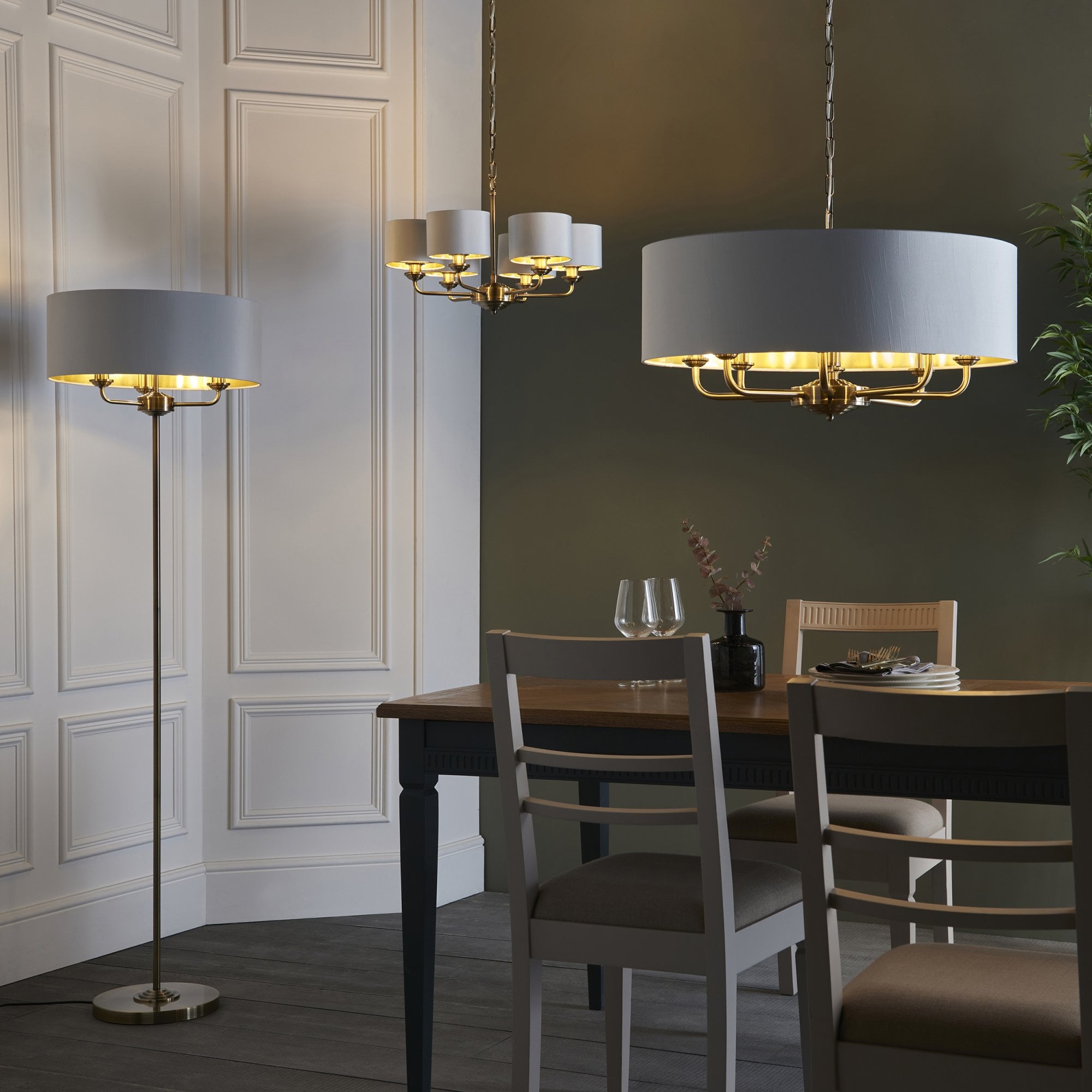 98938 Highclere 8 Light Pendant Antique Brass Plate & Vintage White Fabric