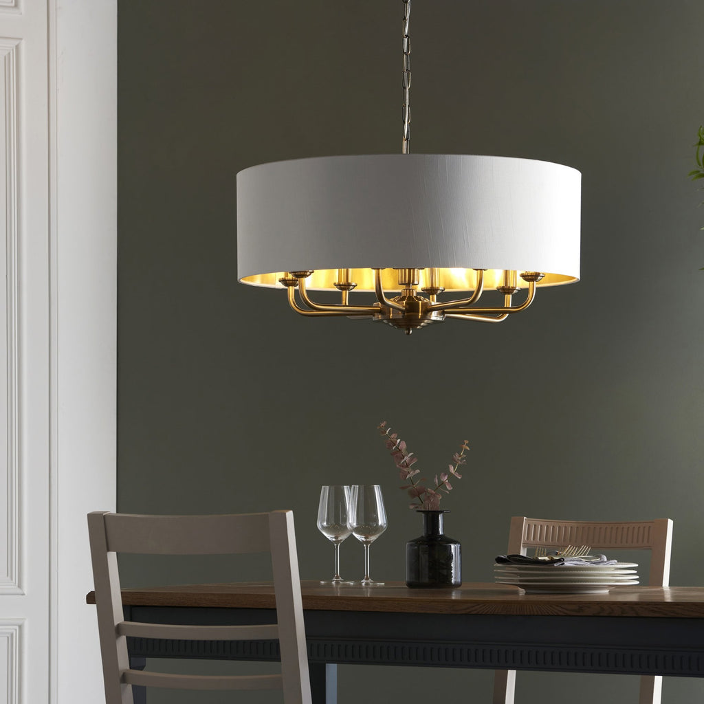 98938 Highclere 8 Light Pendant Antique Brass Plate & Vintage White Fabric