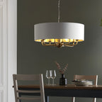 98938 Highclere 8 Light Pendant Antique Brass Plate & Vintage White Fabric